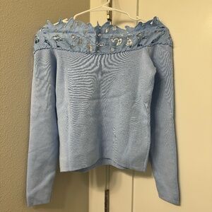New York & Company - Lace Off Shoulder Pullover - XSMALL -  Light Blue